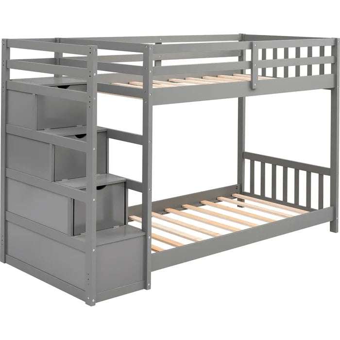 Twin over Twin Double Parallel Bunk Beds with Storage Staircase, Gray