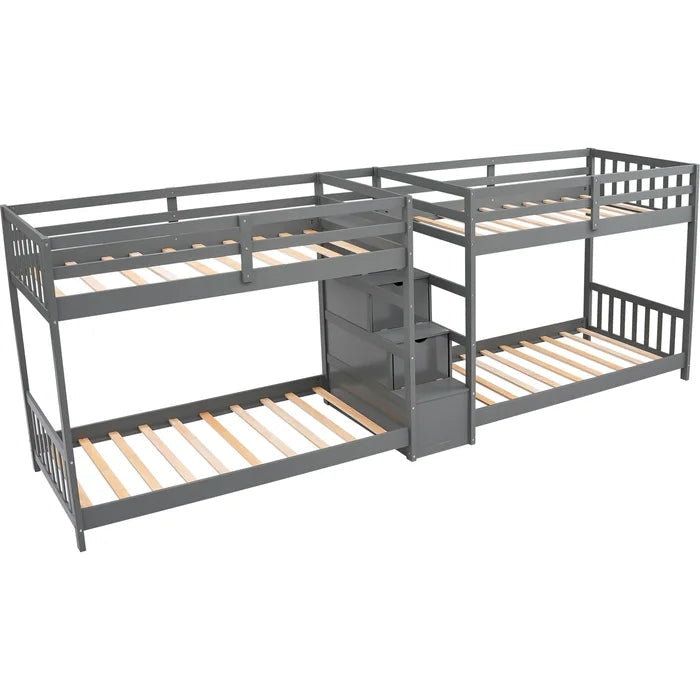 Twin over Twin Double Parallel Bunk Beds with Storage Staircase, Gray