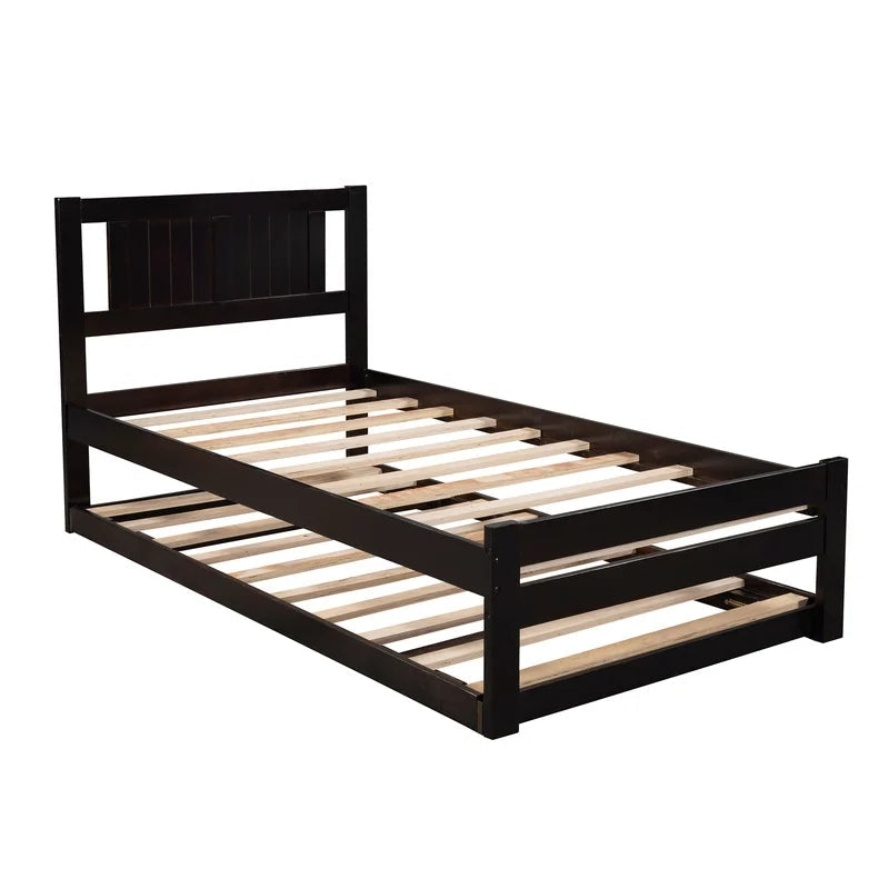 Twin Size Platform Bed with Adjustable Trundle, Espresso