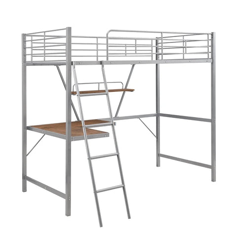 Metal Loft Bunk Bed with L-shaped Desk and Shelf, Silver