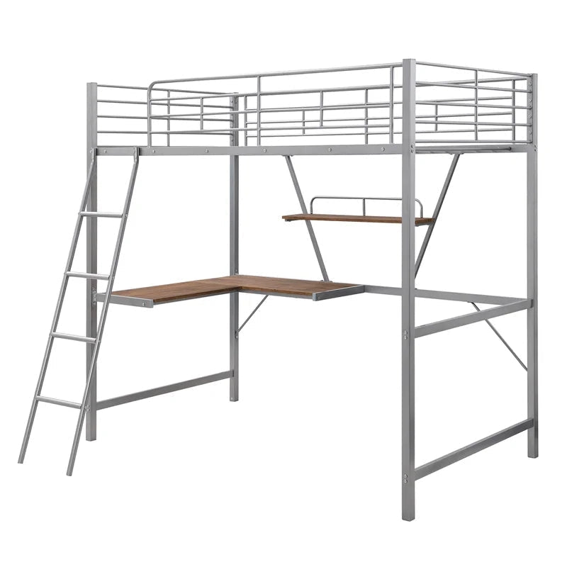 Metal Loft Bunk Bed with L-shaped Desk and Shelf, Silver