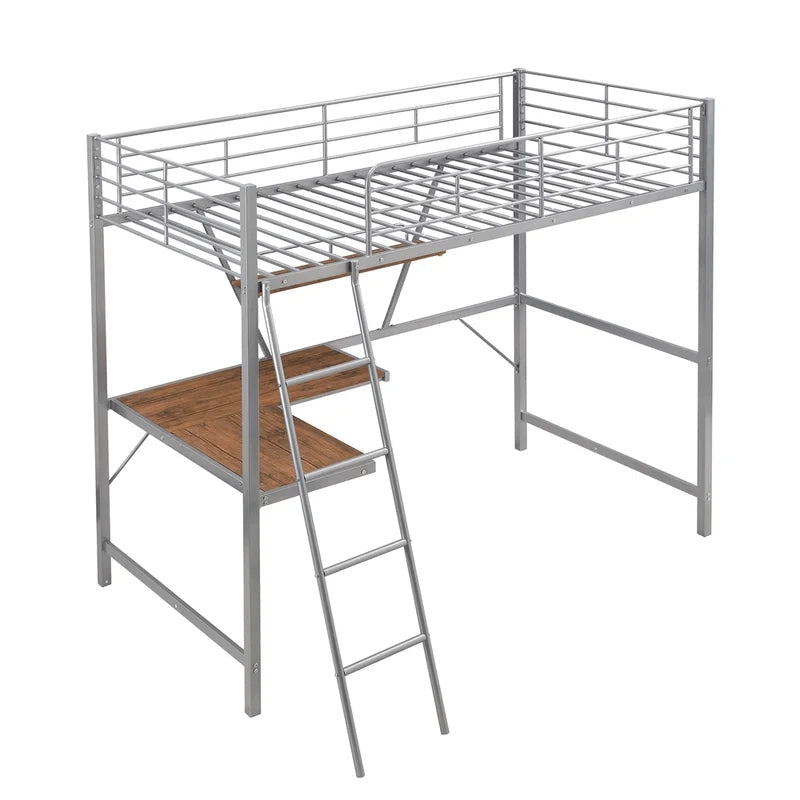 Metal Loft Bunk Bed with L-shaped Desk and Shelf, Silver