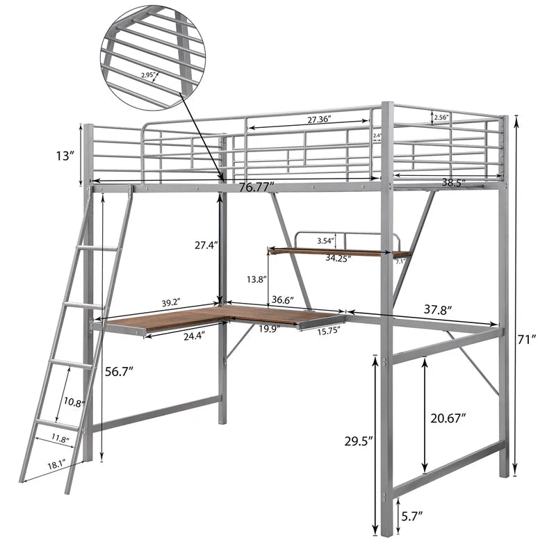 Metal Loft Bunk Bed with L-shaped Desk and Shelf, Silver
