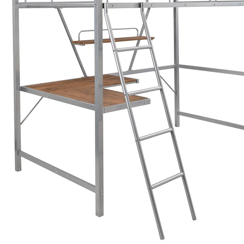 Metal Loft Bunk Bed with L-shaped Desk and Shelf, Silver