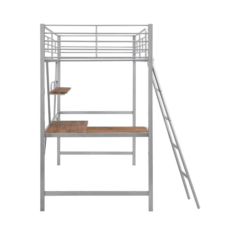 Metal Loft Bunk Bed with L-shaped Desk and Shelf, Silver