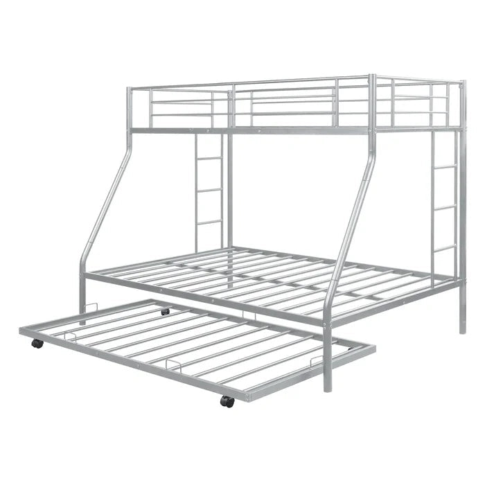 Twin over Full Bunk Bed with Trundle and Two Ladders, Silver