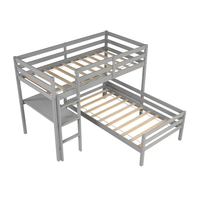 Twin over Twin L-shaped Bunk Bed with Desk, Gray