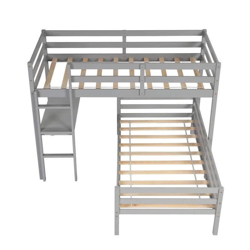 Twin over Twin L-shaped Bunk Bed with Desk, Gray