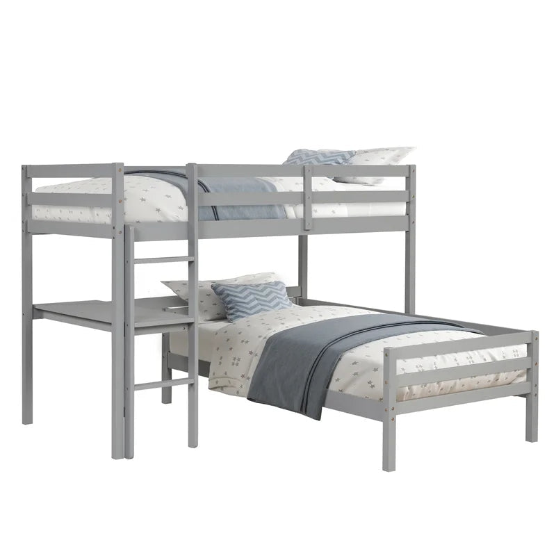 Twin over Twin L-shaped Bunk Bed with Desk, Gray