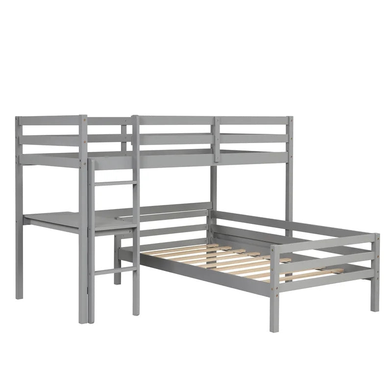 Twin over Twin L-shaped Bunk Bed with Desk, Gray