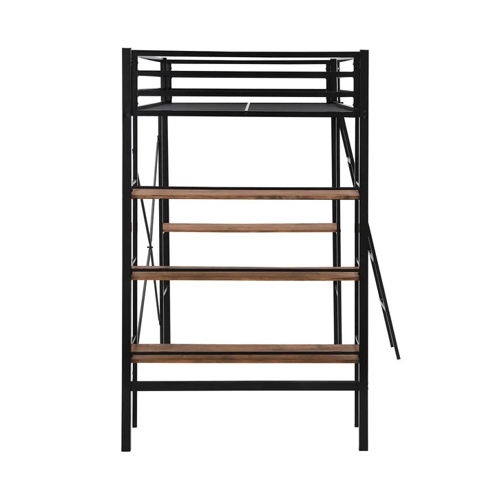 Metal Twin Loft Bed with Shelves and Desk, Black