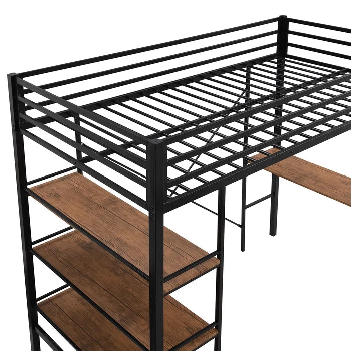 Metal Twin Loft Bed with Shelves and Desk, Black