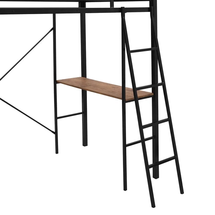 Metal Twin Loft Bed with Shelves and Desk, Black