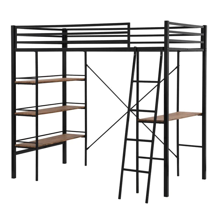 Metal Twin Loft Bed with Shelves and Desk, Black