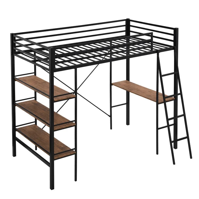 Metal Twin Loft Bed with Shelves and Desk, Black