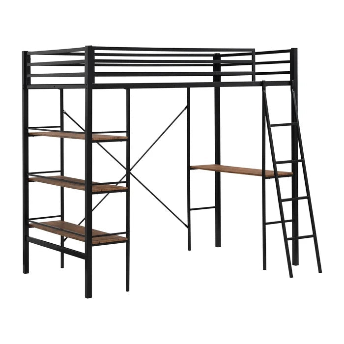 Metal Twin Loft Bed with Shelves and Desk, Black