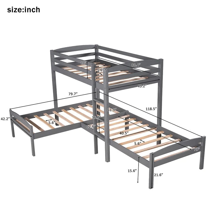 Twin Over Twin Over Twin L-Shaped Bunk Beds, Gray