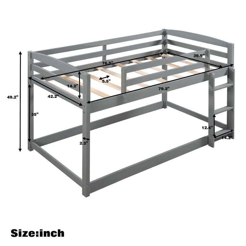 Twin over Twin Floor Bunk Bed with Ladder, Gray