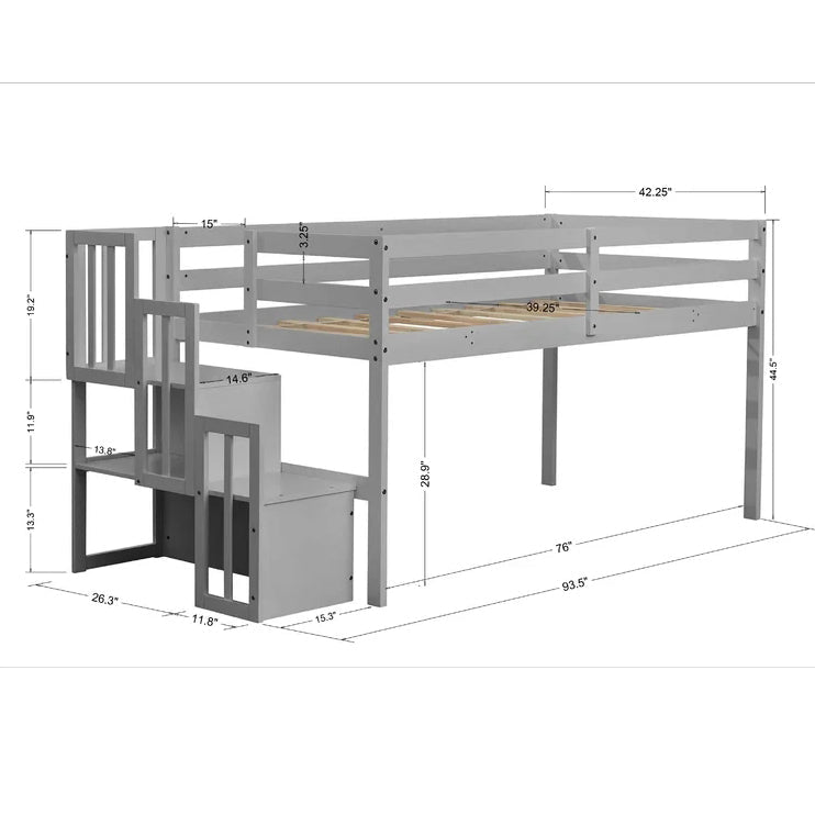 Twin size Loft Bunk Bed with Staircase, Grey