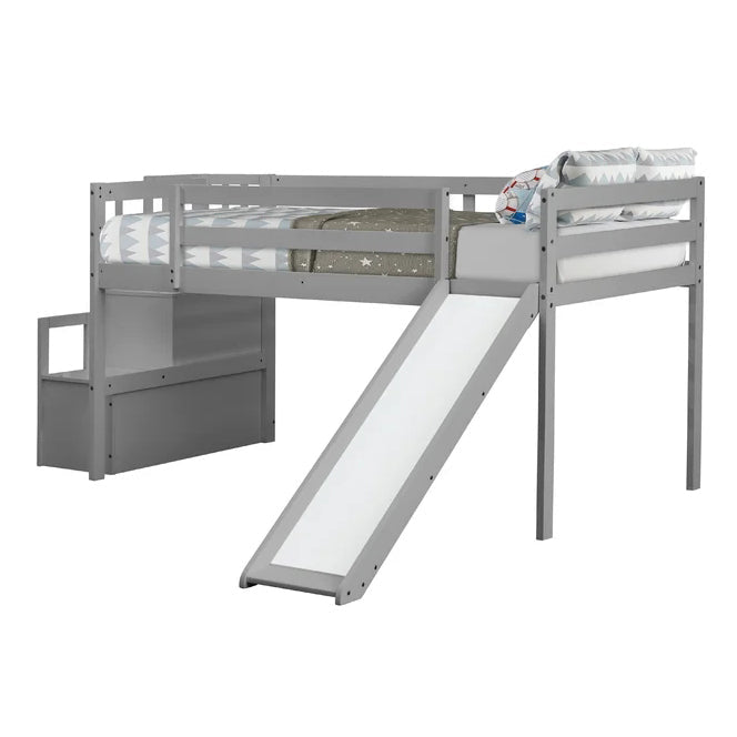 Twin Size Loft Bunk Bed with Slide, Grey