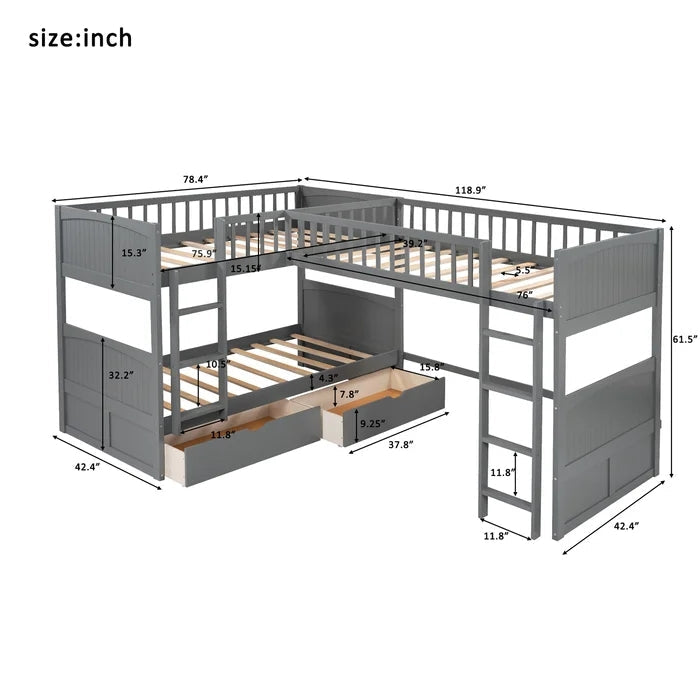 Twin Size Bunk Bed with a Loft Bed attached, with Two Drawers, Gray