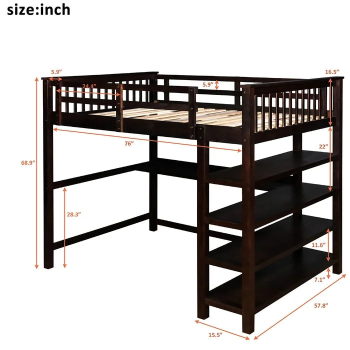Full Loft Bed with Built-in-Desk and Shelves, Espresso