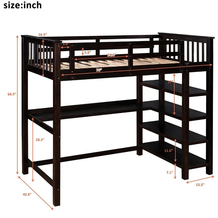 Full Loft Bed with Built-in-Desk and Shelves, Espresso