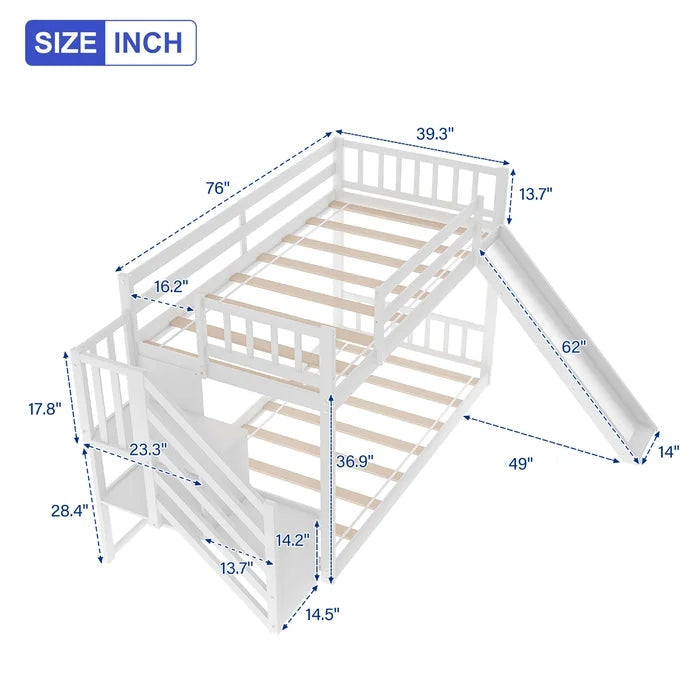 Twin over Twin Bunk Bed with Convertible Slide and Stairway, White