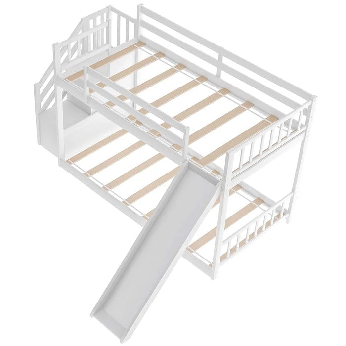 Twin over Twin Bunk Bed with Convertible Slide and Stairway, White