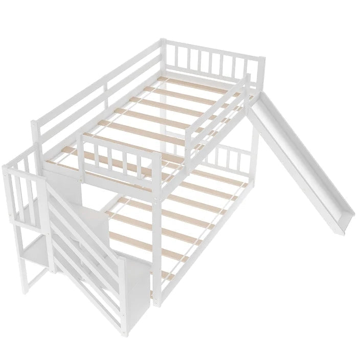 Twin over Twin Bunk Bed with Convertible Slide and Stairway, White