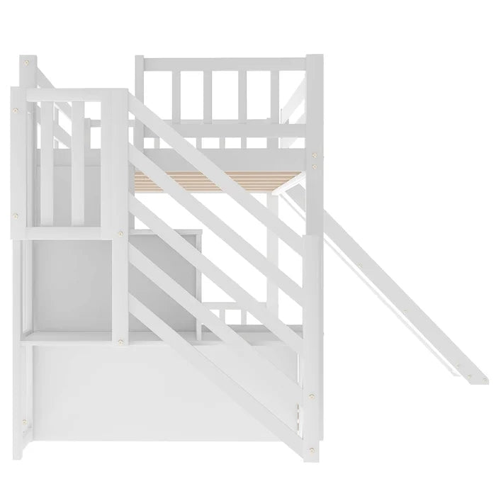 Twin over Twin Bunk Bed with Convertible Slide and Stairway, White