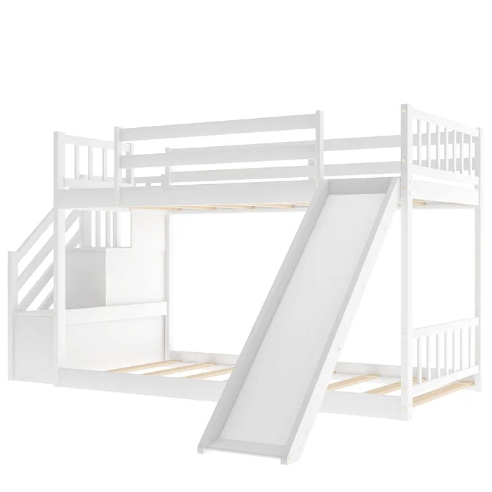 Twin over Twin Bunk Bed with Convertible Slide and Stairway, White