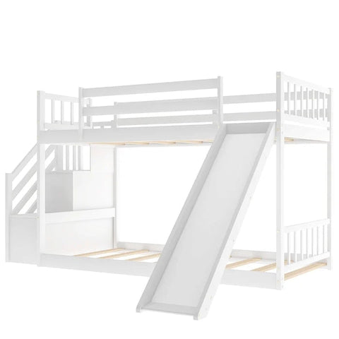 Twin over Twin Bunk Bed with Convertible Slide and Stairway, White
