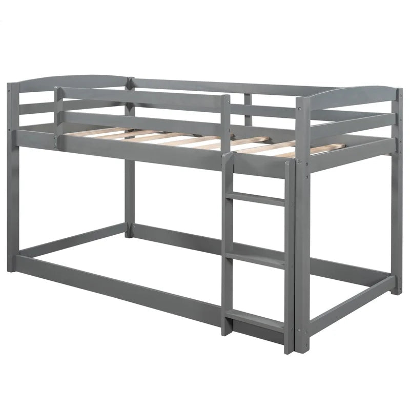 Twin over Twin Floor Bunk Bed with Ladder, Gray