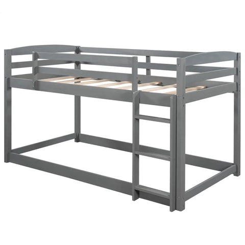 Twin over Twin Floor Bunk Bed with Ladder, Gray