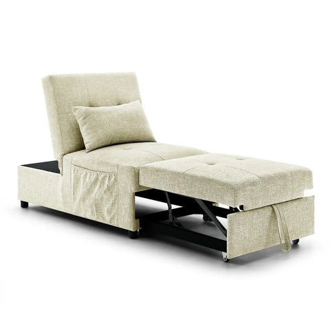 Folding Ottoman Armless Slipcovered Sofa Bed, Begie