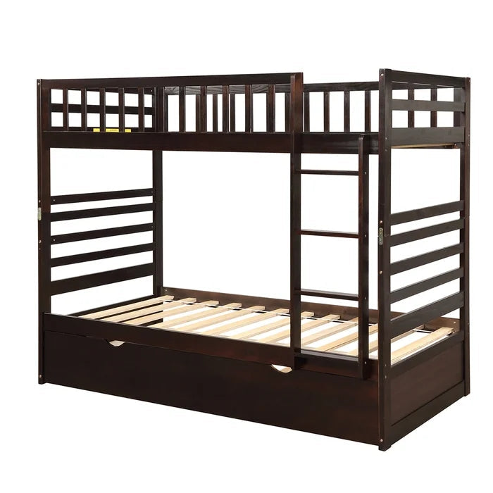 Twin Bunk Beds for Kids with Safety Rail and Trundle, Espresso