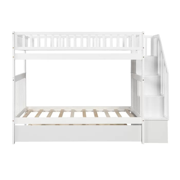 Twin over Twin Bunk Bed with Trundle and Storage Shelf, White