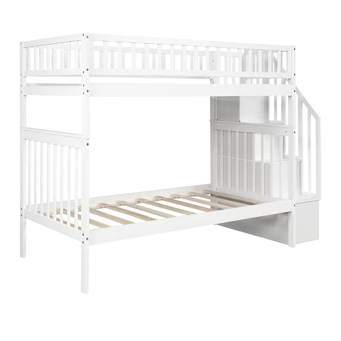 Twin over Twin Bunk Bed with Trundle and Storage Shelf, White