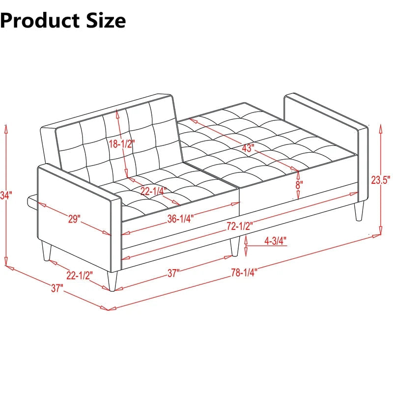 Modern Velvet Square Arm Sofa Bed, Blue