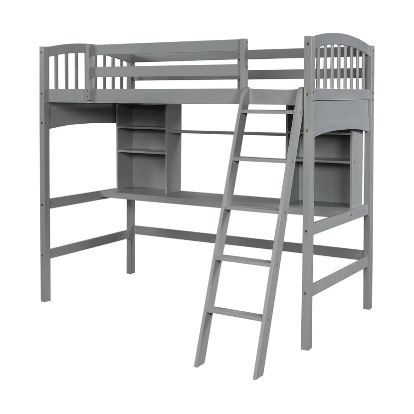 Twin size Loft Bed with Storage Shelves, Desk and Ladder, Gray