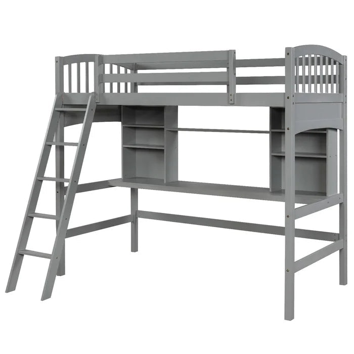 Twin size Loft Bed with Storage Shelves, Desk and Ladder, Gray