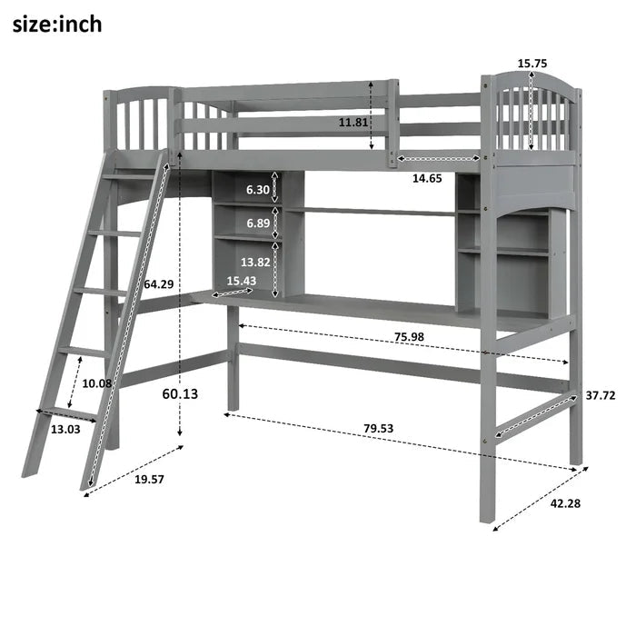 Twin size Loft Bed with Storage Shelves, Desk and Ladder, Gray