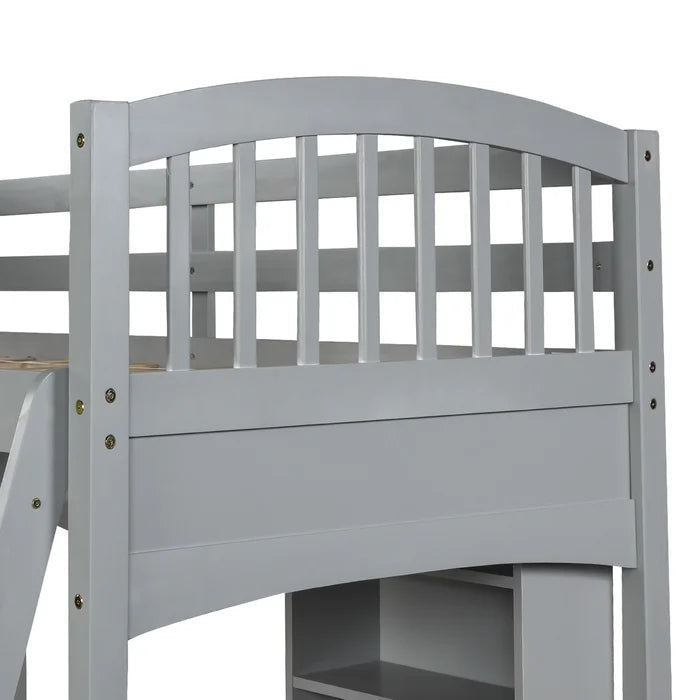 Twin size Loft Bed with Storage Shelves, Desk and Ladder, Gray