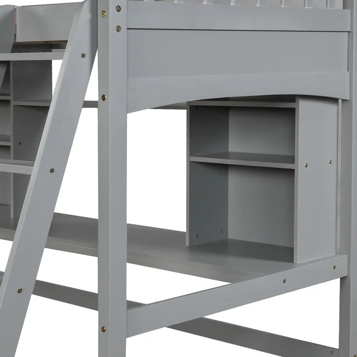 Twin size Loft Bed with Storage Shelves, Desk and Ladder, Gray