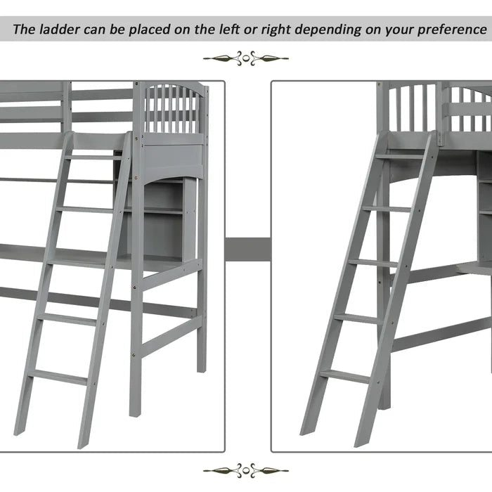 Twin size Loft Bed with Storage Shelves, Desk and Ladder, Gray
