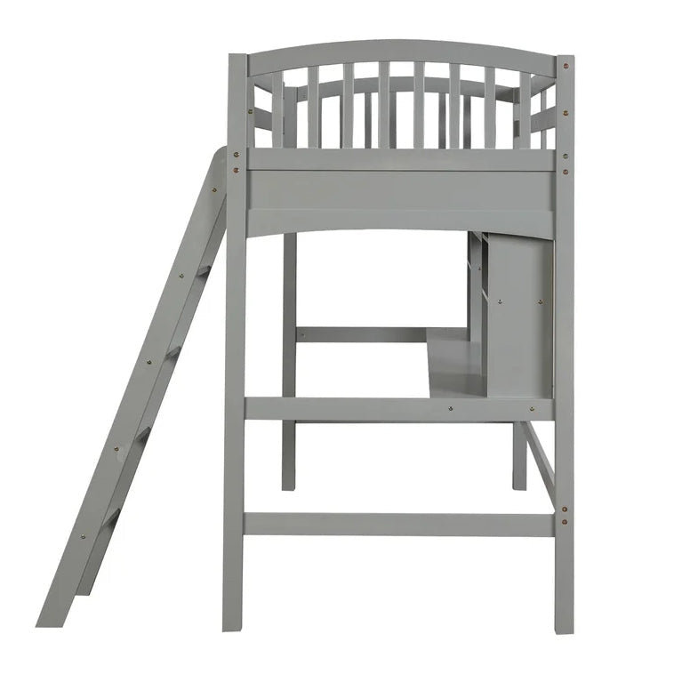 Twin size Loft Bed with Storage Shelves, Desk and Ladder, Gray