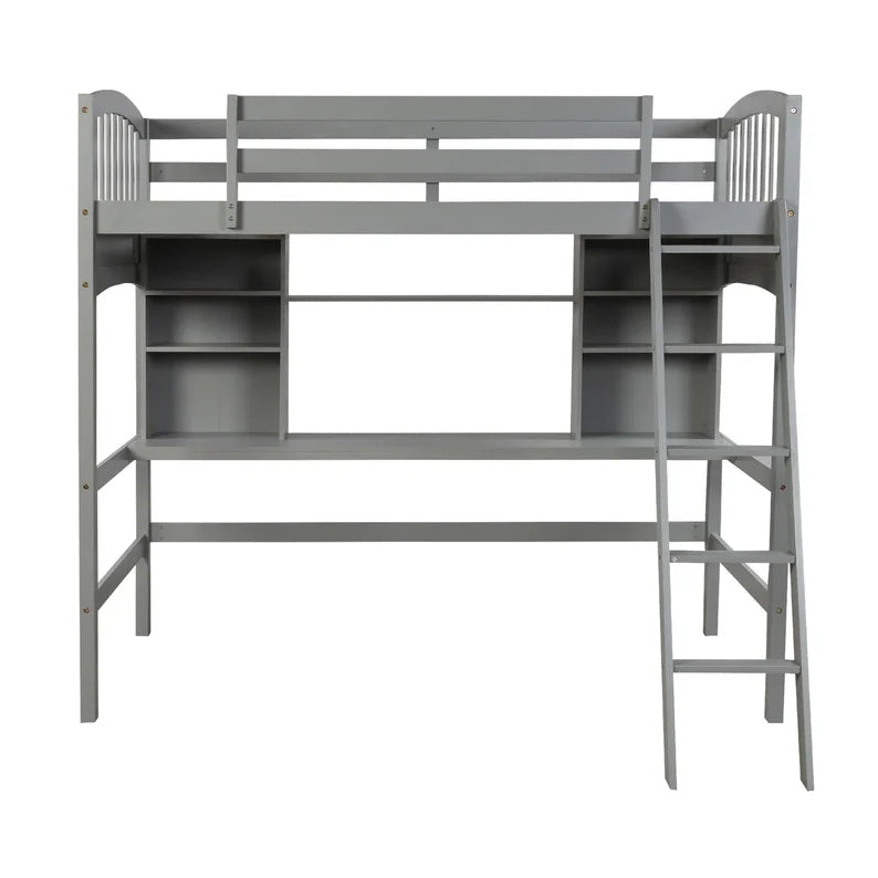 Twin size Loft Bed with Storage Shelves, Desk and Ladder, Gray