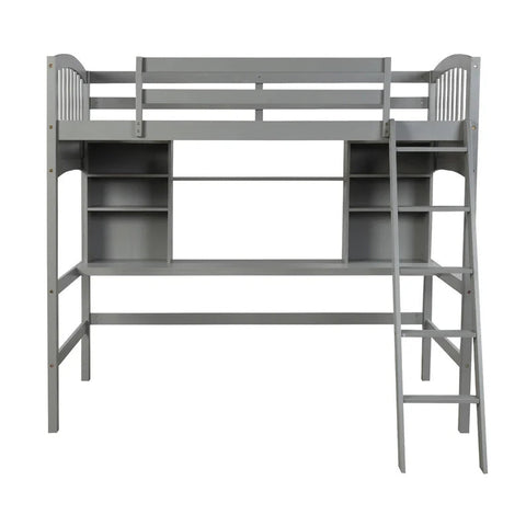 Twin size Loft Bed with Storage Shelves, Desk and Ladder, Gray