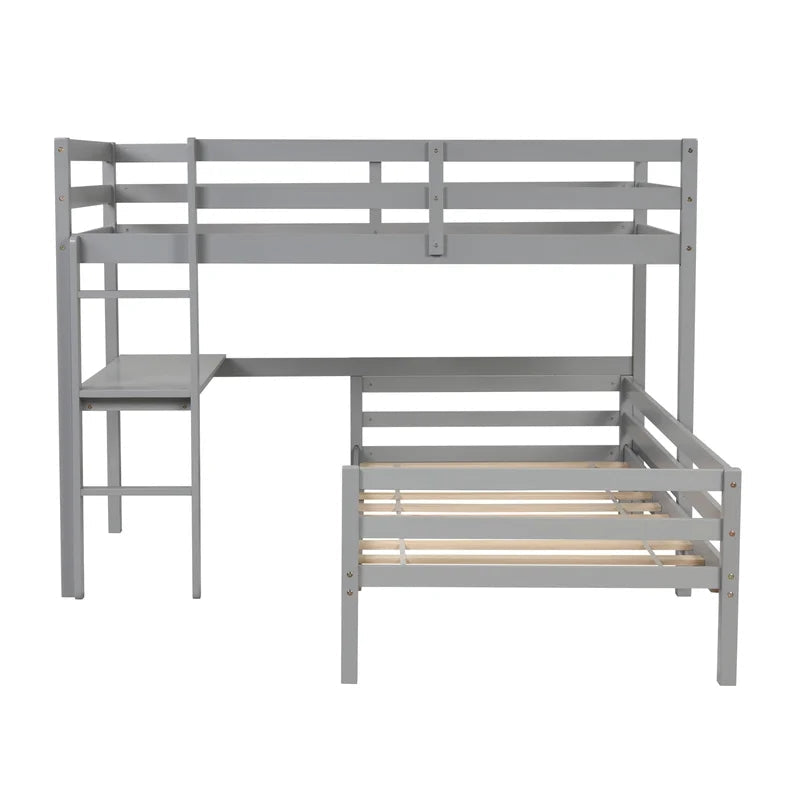 Twin over Twin L-shaped Bunk Bed with Desk, Gray